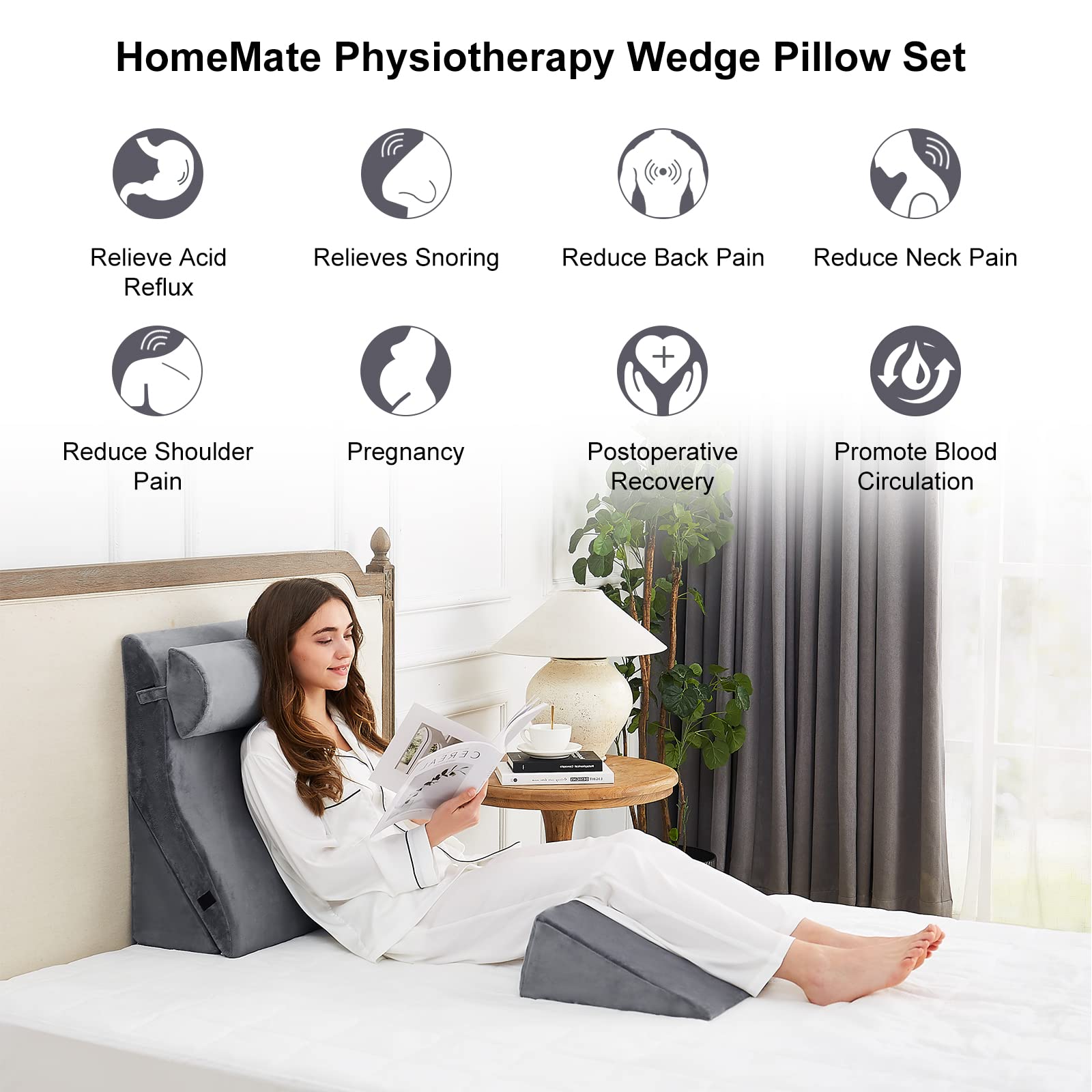 HomeMate 4PCS Orthopedic Bed Wedge Pillow Set, Post Surgery Foam Pillows for Neck, Back and Leg Pain Relief, Adjustable Wedge Pillow for Sleeping-Acid Reflux,Anti Snoring, GERD Sleeping & Heartburn