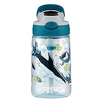 Contigo Aubrey Kids Cleanable Water Bottle with Silicone Straw and Spill-Proof Lid, Dishwasher Safe, 14oz, White Sharks