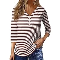 Striped T Shirts for Women 3/4 Length Sleeve Womens Tops Striped Pattern Fashion Casual Versatile with Henry Collar Summer Tunic Shirts Coffee Medium