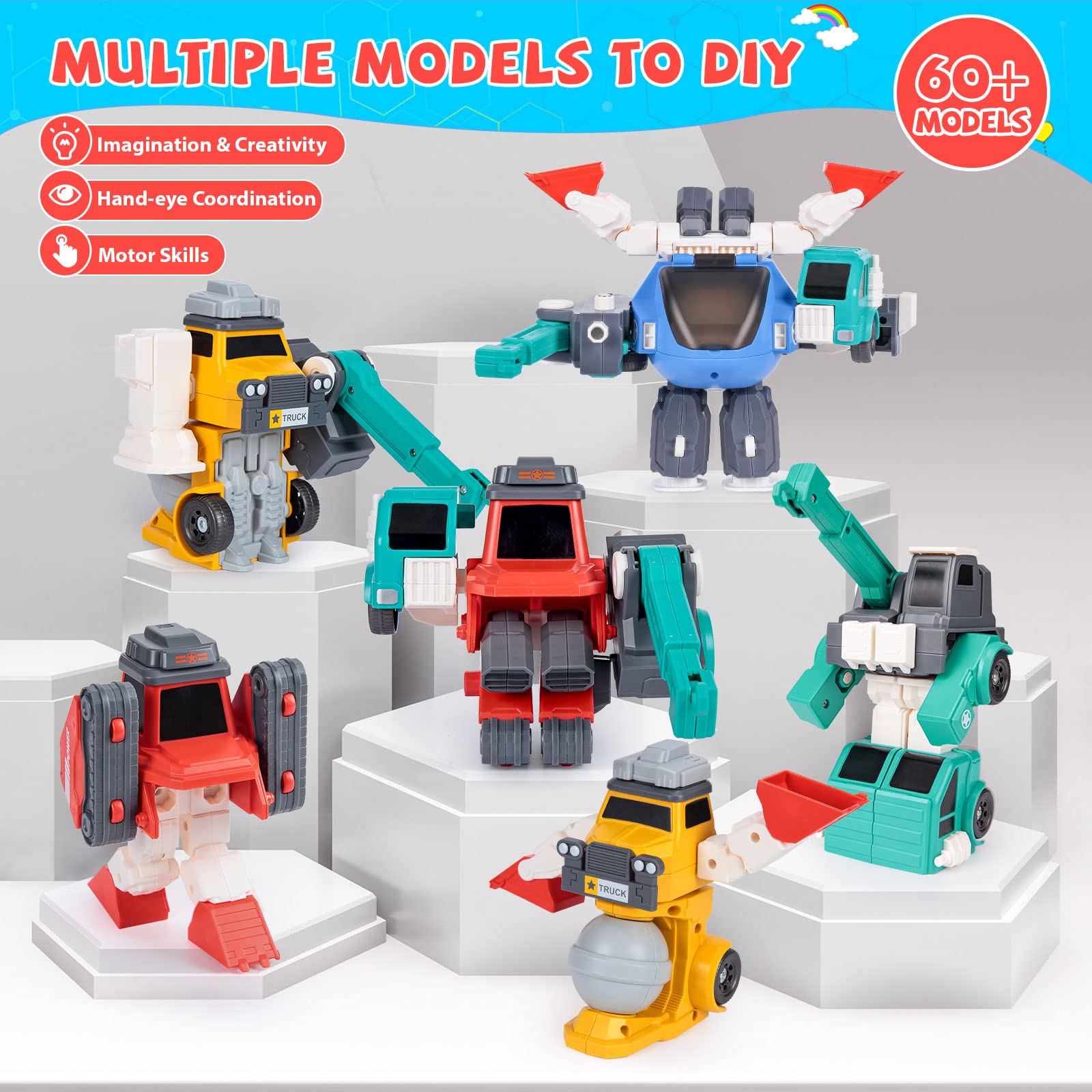 Perbyste Toys for 3 4 5 6 7 8 Year Old, Transform Robot Kids Toy Vehicles | STEM Building Toys for Ages 3-6, 4 in 1 Construction Trucks Christmas Birthday Gifts for Boy Girls