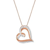 La4ve Diamonds Round Cut Diamond Bar, Mom Son Child Daughter, Two-tone Double Row Triple Open Knot Tilted Heart Locket Pendant Necklace in Flash-plated Sterling Silver | Jewelry for Mother's day Women Girls | Gift Box Included