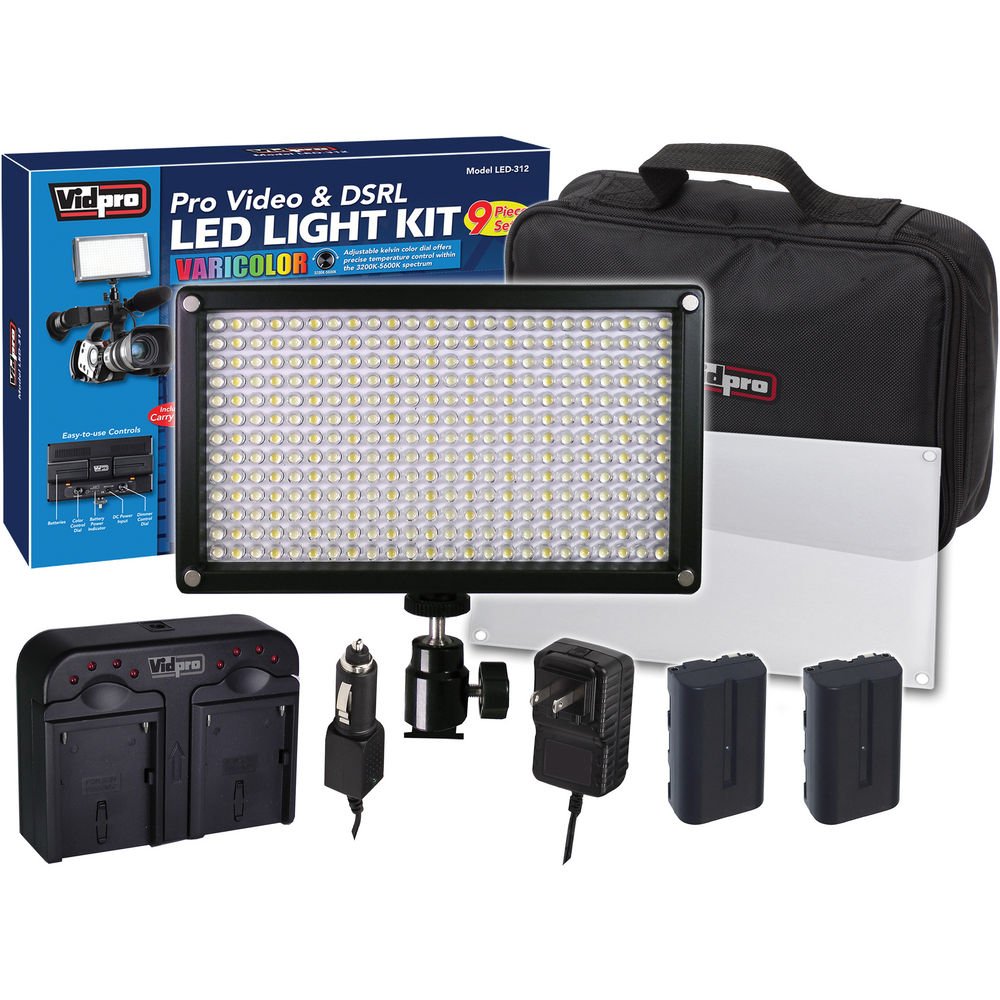 Vidpro LED-312 9pc VariColor Photo/Video LED Light Kit with 2 Batteries, Charger, Diffuser & Case