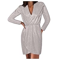 Sparkly Glitter Dress Women Plus Size Long Sleeve Sequin Babydoll Dress Wrap V Neck Party Club Mini Pencil Dresses