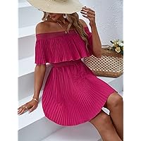 Dresses for Women Off Shoulder Ruffle Trim Pleated Dress (Color : Hot Pink, Size : Medium)