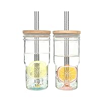 Glass Cups with Bamboo Lids and Straws, 22oz Couples Gift Iced Coffee Cups with Lids Smoothie Cup Glass Tumbler Mason Jar Drinking Glasses for Bubble Tea, Juice -2 Pack Crystal Theme
