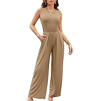 Womens Jumpsuits Dressy Summer Casual One Piece Outfits Sleeveless Wide Leg Pants Rompers with Pockets