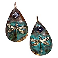 Elaine Coyne Patina Brass Dragonfly Teardrop Earrings - Tanzanite Authentic Crystals