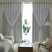 Kids Star Cutout Curtains for Bedroom/Living Room/Classroom,2 Free Tiebacks Sheer Overlay 2 Panel Set, Double Layer Curtains for Kids Room(Each Piece W70xL72 Inches 2 PCs Greyish White)