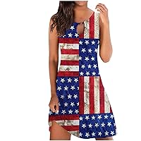 Summer Sundresses for Women 2024 4th of July Sleeveless Dress Trendy Printed Keyhole Neck Mini Dresses American Flag Dress