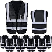 10 Pcs Safety Vests High Visibility Safety Vest with Reflective Strips, Neon Vest Construction Vest with Pockets (Black)