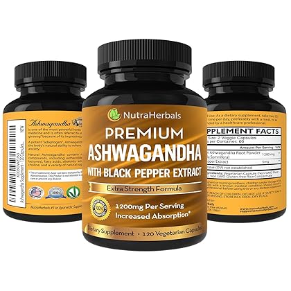 NUTRAHERBALS Ashwagandha Supplement Made with Premium Ashwaganda Root Powder 1200mg with Black Pepper Extract for Increased Absorption - 120 Vegi Capsules