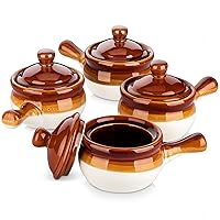 LOVECASA 20 OZ French Onion Soup Crocks with Lid,Porcelain Soup Bowls with Extended Handle,Serving Bowls for Chili, Beef Stew, Cereal, Pot Pies, lasagna,Microwave/oven-safe,Set of 4