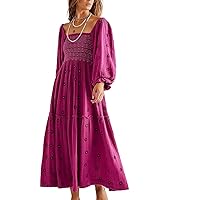 Women Flowy Maxi Dress Embroidered Square Neck Midi Dress Flowy Puff Sleeve Fall Swing Tiered A Line Long Sleeve Dress