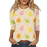 Easter Eggs Women 3/4 Sleeve Tops Cute Bunny Eggs Graphic Print Blouses Easter Basket Crew Neck Funny Causal Tee Shirts