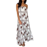 Women Summer Flowy Maxi Dress Strapless Colorful Fruit Print Long Tueb Top Dress 2024 Casual Loose Beach Vacation Sundresses