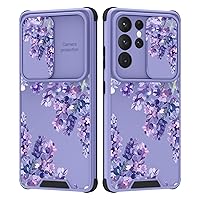 for Samsung Galaxy S21 Ultra Case with Slide Camera Cover Cute Purple Lavender Floral Flowers Design for Women Girls Anti-Scratch Hard PC Shockproof Protective Case for S21 Ultra 6.8 Inch