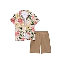 COZYEASE Boys' Hawaiian Short Sleeve Button Down Floral Shirts & Shorts Without Tee