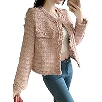 Women's Plaid Tweed Blazer Long Sleeve Open Front Cropped Blazer Elegant Work Office Short Jacket Coat