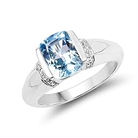 2.45 Carats Genuine Blue Topaz and White Topaz Ring Solid .925 Sterling Silver with Rhodium Plating