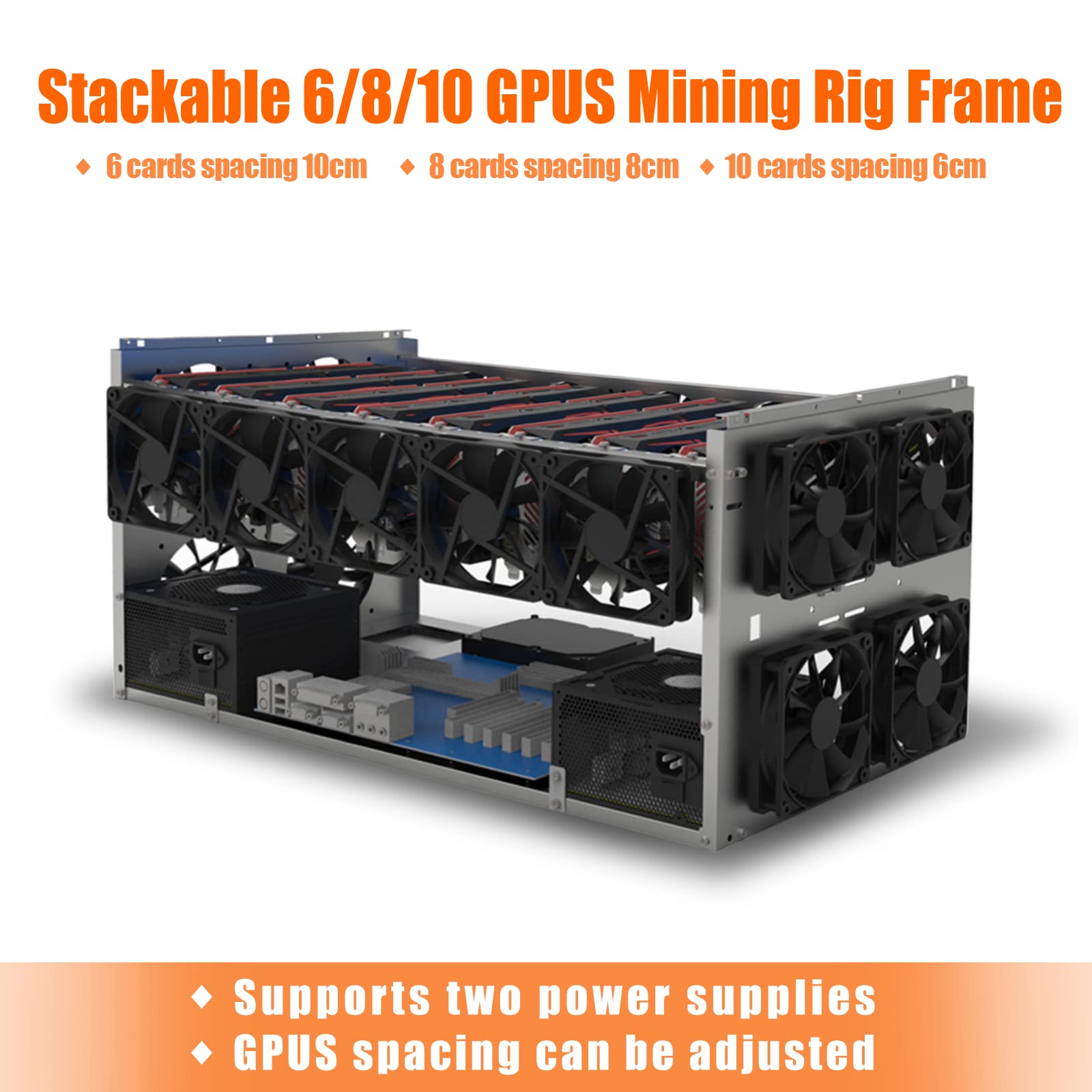 MLLIQUEA Mining Rig Frame, 6/8/10 GPU Stackable Mining Computer Steel Case Rack for ETHW/ETC/RVN/Ergo/Beam, Accessories Tools&Test Bench PC Case, Frame Only