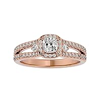 Certified 18K Gold Ring in Cushion Cut Moissanite Diamond (0.47 ct) Round Cut Natural Diamond (0.49 ct) With White/Yellow/Rose Gold Engagement Ring For Women