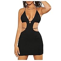 WDIRARA Women's Cut Out Waist Tie Back Knitted Backless Deep V Neck Halter Bodycon Cami Dress
