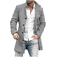 Mens Woolen Trench Coat Winter Fall Slim Fit Jacket Single-Breasted Mid-Length Coats Stand Collar Plain Overcoats