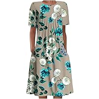 Summer Dresses for Women 2024 Beach Floral Sundress Short Sleeve Pockets Casual Tshirt Dress Ruched A-Line Dress