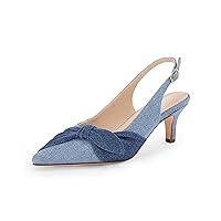 Coutgo Womens Bow Heels Slingback Pumps Low Kitten Heels Closed Pointed Toe Sandals Denim Dress Shoes