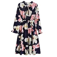 Women Floral Empire Waist Chiffon Long Sleeve Printing Casual Party Vintage Maxi Dress