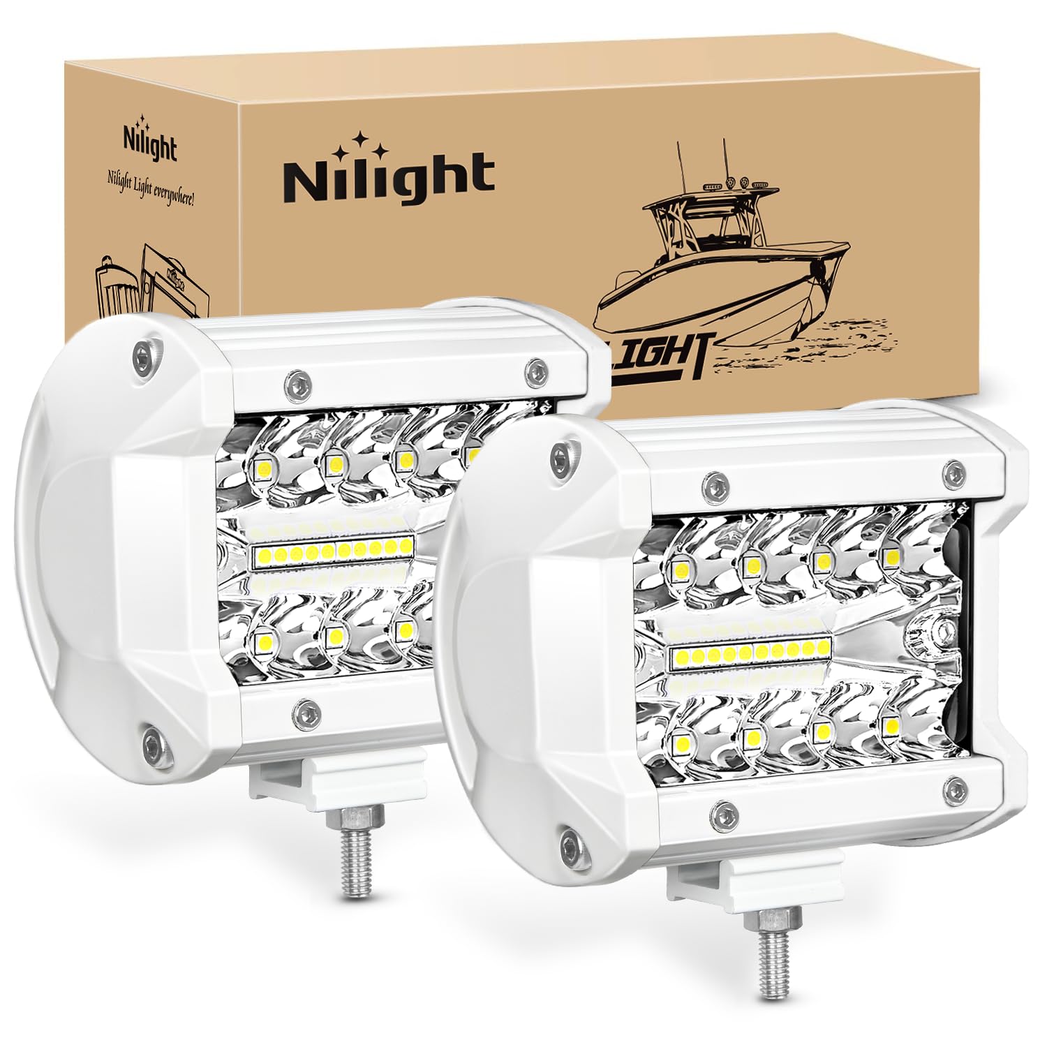 Nilight Marine LED Light Pods Navigation Lights 2PCS 4Inch White Spot Flood Combo Ponton Boat Deck Dock Lights for Night Fishing T-top Stern Yacht Port Sailboat Trucks Tractors, 2 Years Warranty