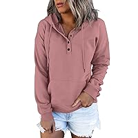 Women Button Sweatshirt Hooded Hoodies Loose Fit Drawstring Long Sleeve Pullover With Pocket