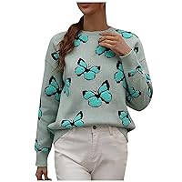 Women's Batwing Sweaters and Winter Butterflies Print Round Neck Long Sleeve Knit Sweater Pullover Sweaters