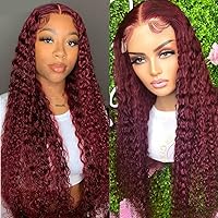 Deep Wave Ombre Burgundy 4X4 Lace Closure Wigs For Women Brazilian Remy Human Hair Transparent HD 5X5 Lace Closure Wigs Red Wavy 99J-18inch 180% 5X5 HD Lace Closure Wig