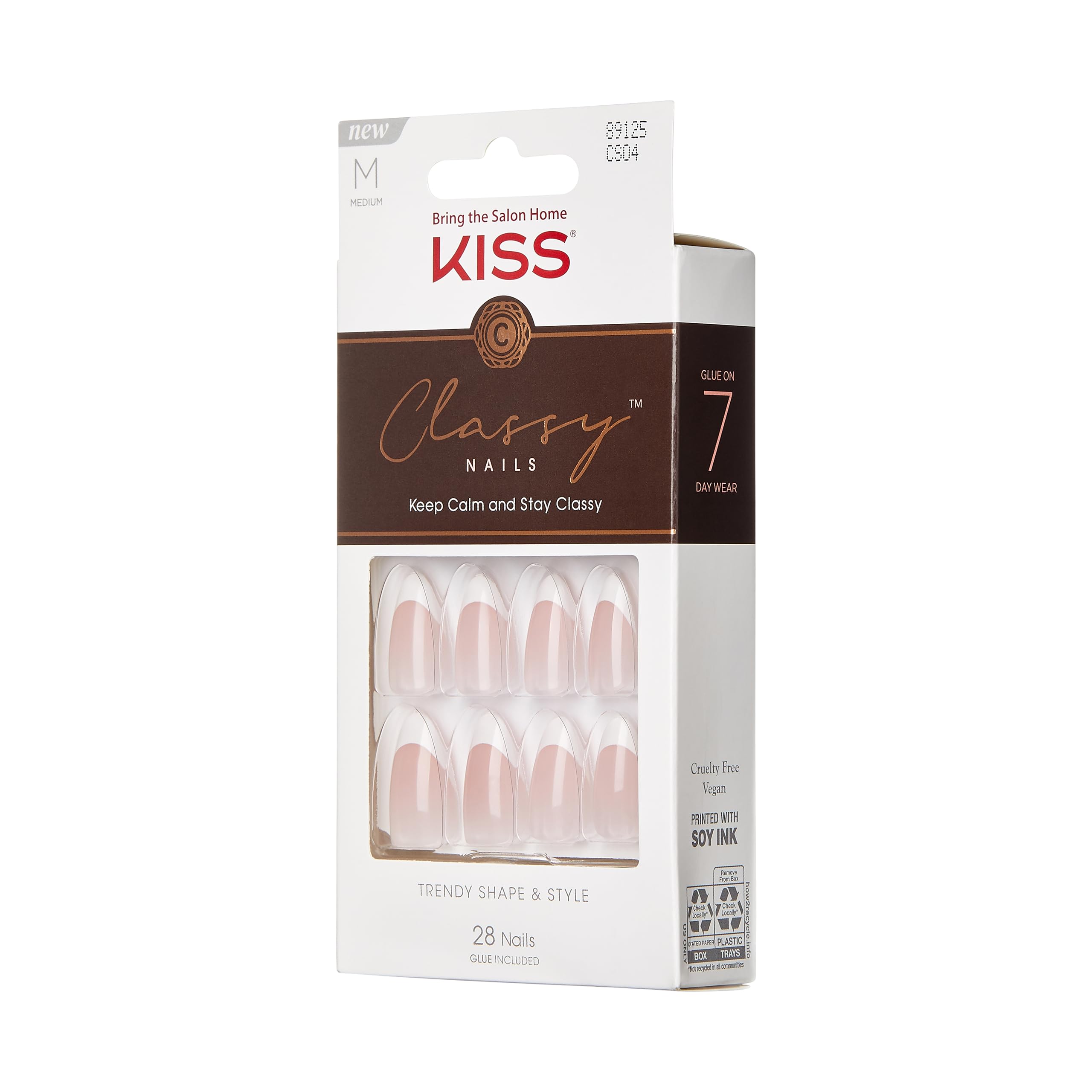 KISS Classy Press On Nails, Nail glue included, Dashing', Light White, Medium Size, Almond Shape, Includes 28 Nails, 2g glue, 1 Manicure Stick, 1 Mini File