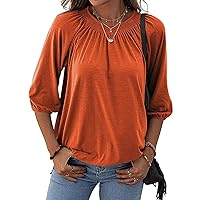 Women's Solid Crew Neck T Shirt Blouse Cotton Half Sleeve 3/4 Sleeve Casual Loose Pleated Basic Tops