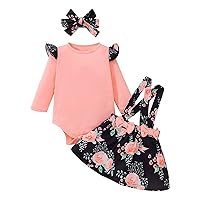Cute Kids Clothes Infant Girls Long Sleeve Romper Bodysuits Floral Prints Suspenders Skirt Headbands Outfits Athletic Apparel (Pink, 9-12 Months)