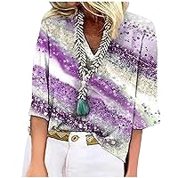 Womens Summer Tops 2023 Oversized Tshirts Shirts for Women Linen Shirts for Women Loose Fit Women's Shirt Blouse Casual Loose Shirts 3/4 Sleeve Print V Neck Tops T-Shirts Tee (Purple,L)