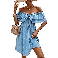 Summer Dresses for Women 2022 Swiss Dot Off Shoulder Layered Ruffle Trim Knot Front Dress Dresses for Women (Color : Blue, Size : X-Small)