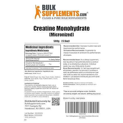 BULKSUPPLEMENTS.COM Creatine Monohydrate Powder - 5g (5000mg) of Micronized Creatine Powder per Serving, Creatine Pre Workout, Creatine for Building Muscle, Creatine Monohydrate 500g (1.1 lbs)