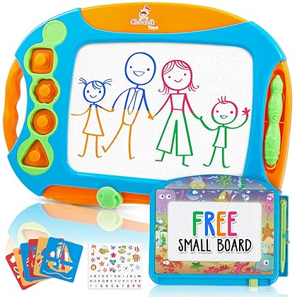 Chuchik 2 Pack Magnetic Drawing Boards Set for Kids and Toddlers. Large 15.7 Inch Doodle Board Writing Pad Comes with a 4-Color Travel Size Drawing Board for Toddlers 1-3 (Orange-Blue)