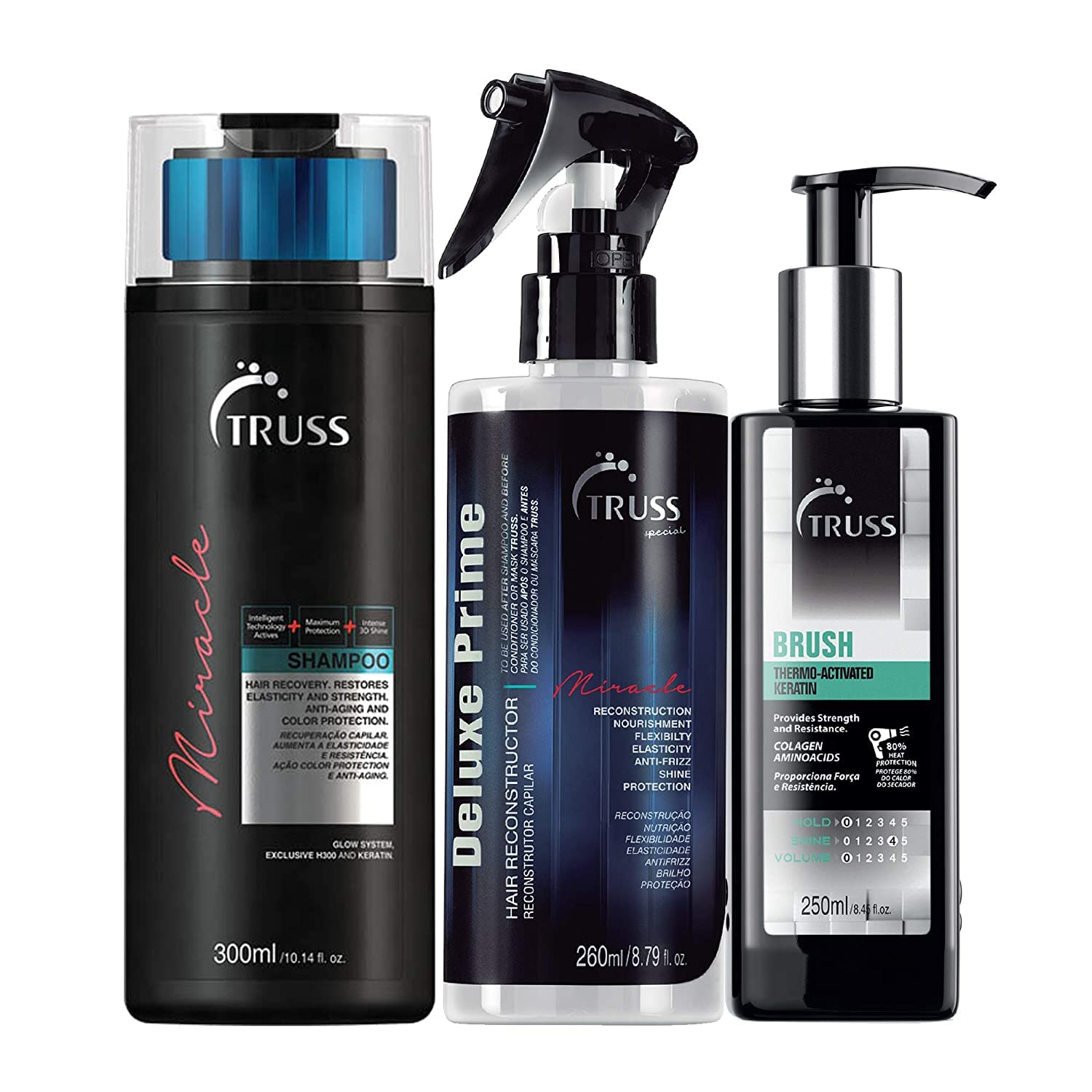 TRUSS Deluxe Prime Hair Treatment Bundle with Miracle Shampoo and Brush - Intensive Leave-in Hair Repair Treatment