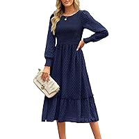 Maggeer Womens 2024 Spring Summer Long Sleeve Wedding Guest Smocked Floral or Chiffon Swiss Dot Midi Dress