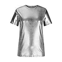 Hipster Shiny Tee Tops for Men Slim Fit Muscle Shirts Glitter Metallic T-Shirt Short Sleeve V Neck T Shirt Club Party Top