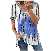 Tunic Tops for Women Trimmed Sequin Neck Gradient Print Dressy Casual Summer Blouses Short Sleeve Shirts Tees