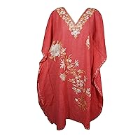 Women's Dark Red Muumuu Caftan Short Dress, Cotton Butterfly Embroidered Kimono Dresses, L-2X