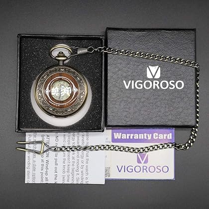 VIGOROSO Men's Hand-Wind Mechanical Pocket Watch Vintage Steampunk Wood Grain Hollow Design with Chain and Box