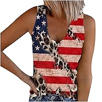 July 4th Women Patriotic Ribbed Knit Button V-Neck Tank Tops Fashion Stars Stripes Casual Fitted Sleeveless T-Shirts