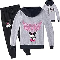 Kids Girls Kuromi Graphic Full Zip Jackets with Jogger Pants,Cotton Long Sleeve Hoodie Casual Tracksuit for Children