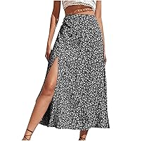Womens Bodycon Long Skirt High Split Side Boho Skirt Ditsy Floral Print Midi Skirt Vintage High Waist Pencil Skirt